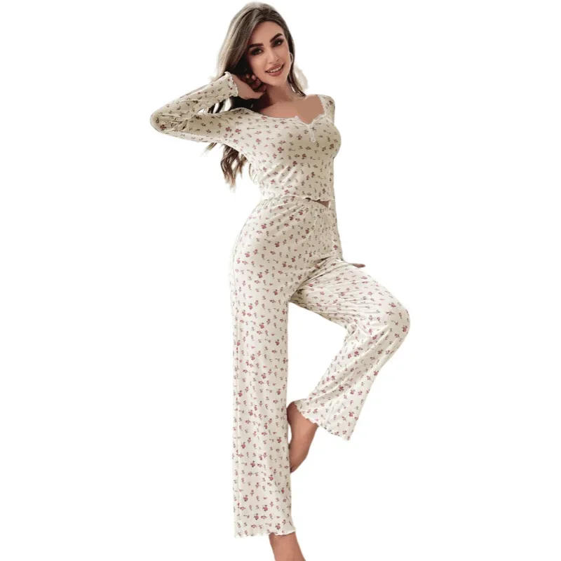 Trousers Pajamas Two Sets Home Dress Set, Home Wear Sexy Casual,long Sleeves, V-neck, Floral Print, Bottom Pants,women's Wear