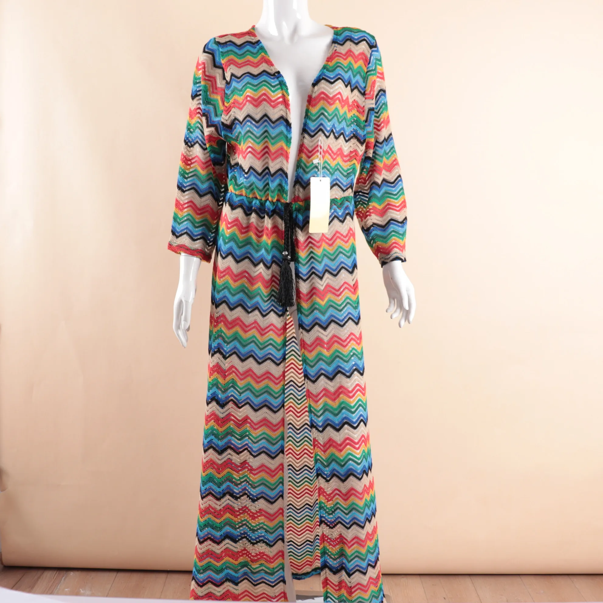 H80&S90 New Women Knit Fashion Missoni Colorful Long Cardigan Top Cape Coat Maxi Dress Blouse Cover Up Beachwear Swimsuit Robe