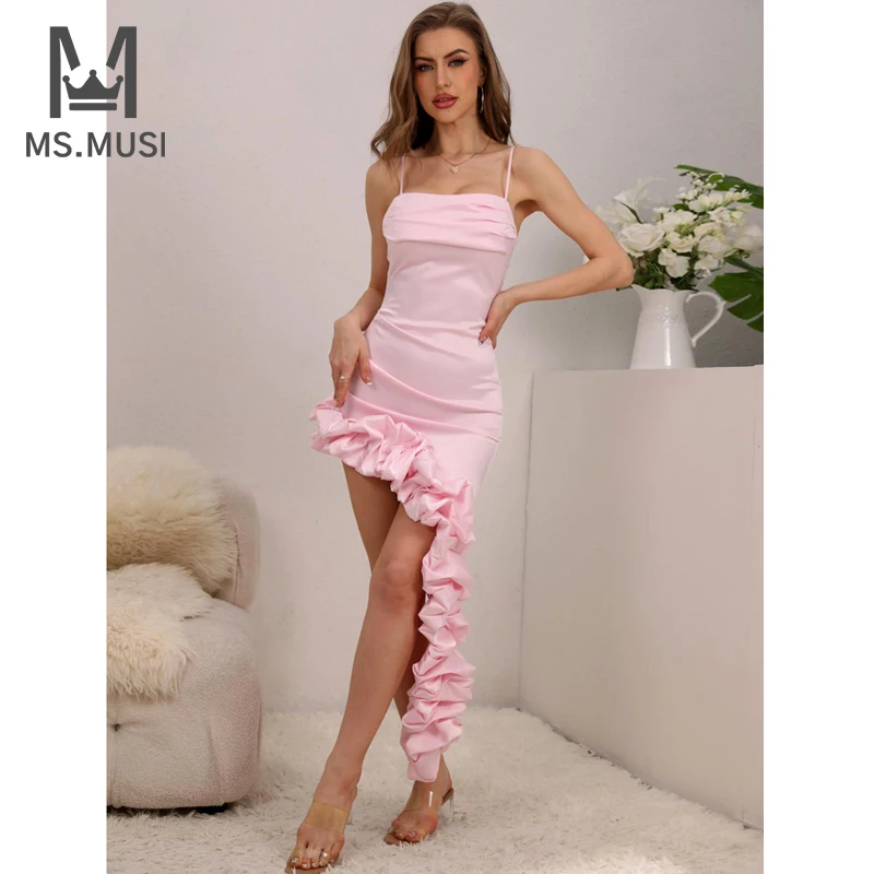 

MSMUSI 2024 New Fashion Women Sexy Strap Falbala Ruffles Asymmetric Bodycon Backless Party Club Celebrity Mini Dress Vestidos