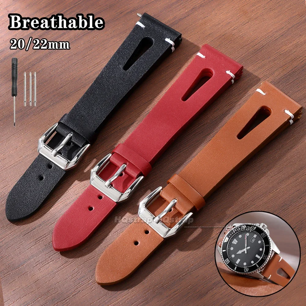 Breathable Cowhide Leather Watch Strap 20mm 22mm for Seiko for Rolex Bracelet Waterdrop Shaped Hollow Business Soft Wrist Band