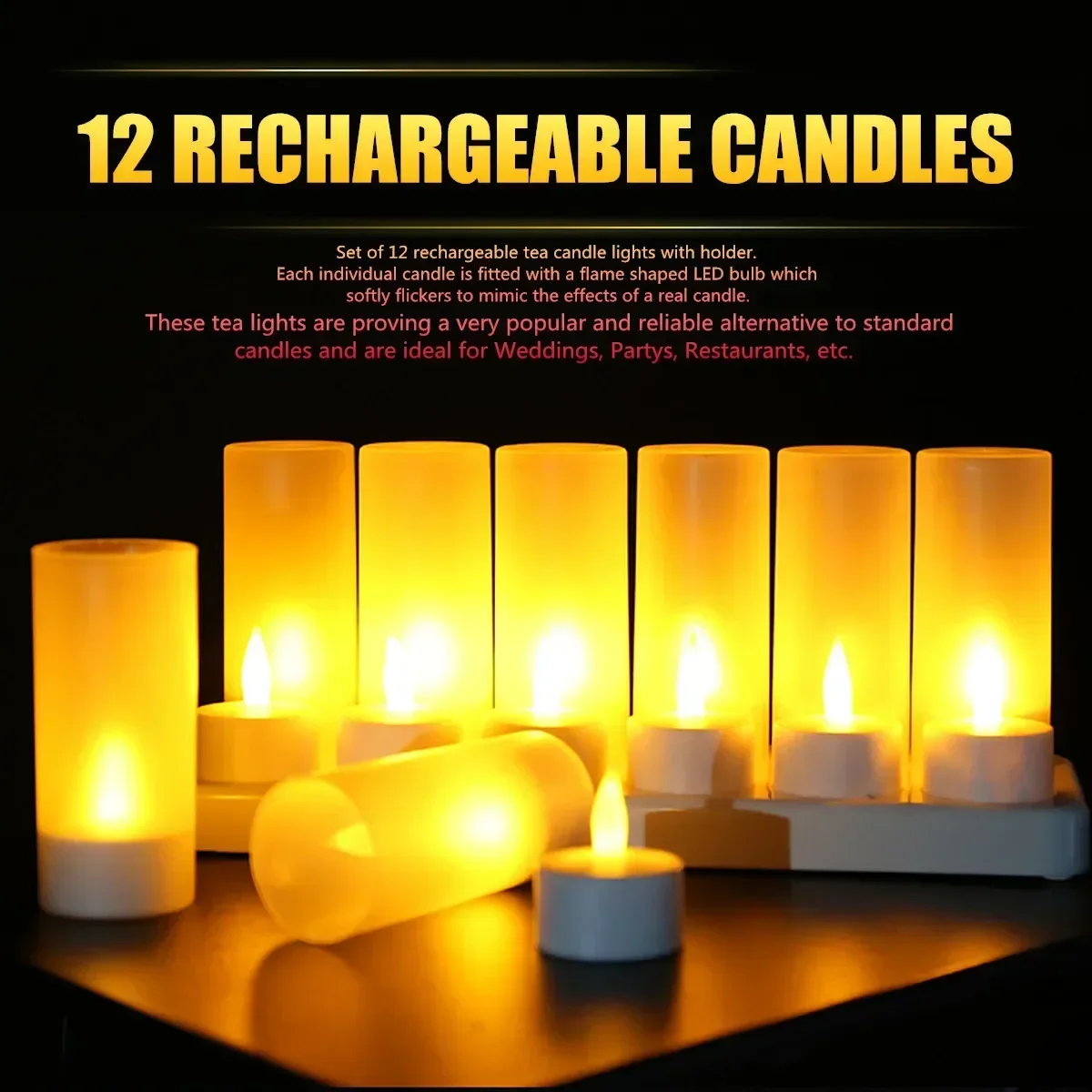 12Pcs LED Candle Lamp Rechargeable Flickering Simulation Flame Candle Night Light Tea Light for Party Wedding Christmas Decor