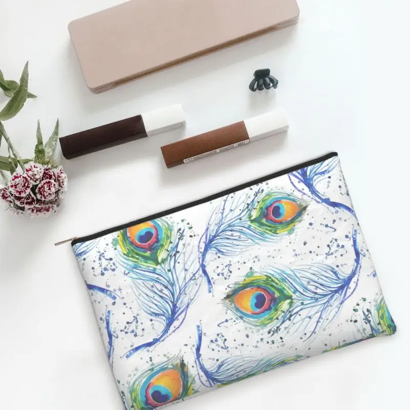 Bolsa de maquillaje de plumas de pavo real para mujer, neceser con cremallera, almacenamiento impreso para herramientas, lápices y bolígrafos de maquillaje, viaje para estudiantes