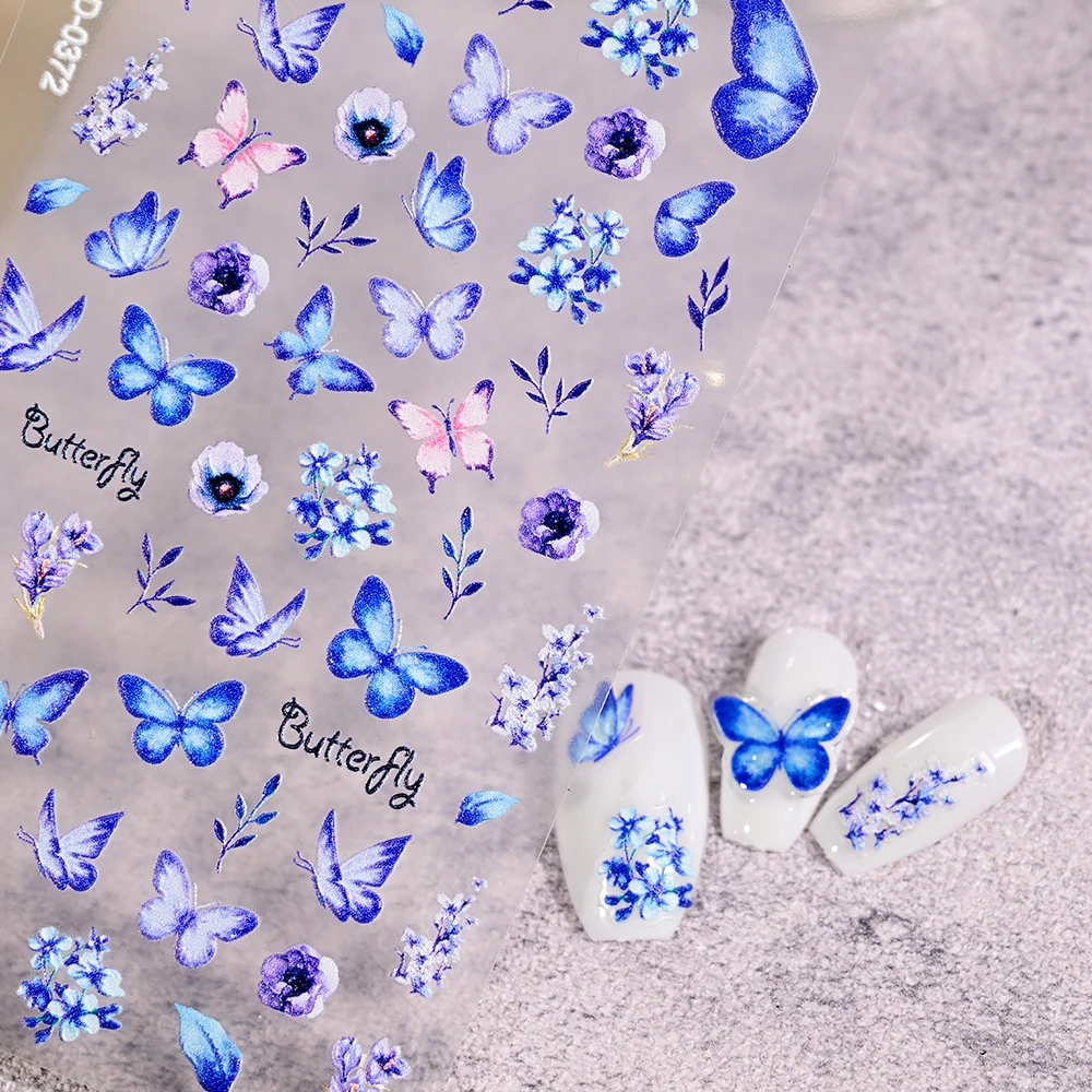 1Sheet 5D Butterfly Nail Art Stickers Blue Purple Butterflies Spring Theme Flowers Nail Decals Self-Adhesive Rose Floral Manicur