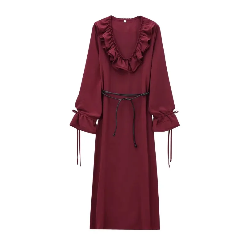 Topenomi Full Sleeve Dress Women French Temperament V Neck Ruffle Belt Waist Evening Party Long Dresses Retro Elegant Solid Robe