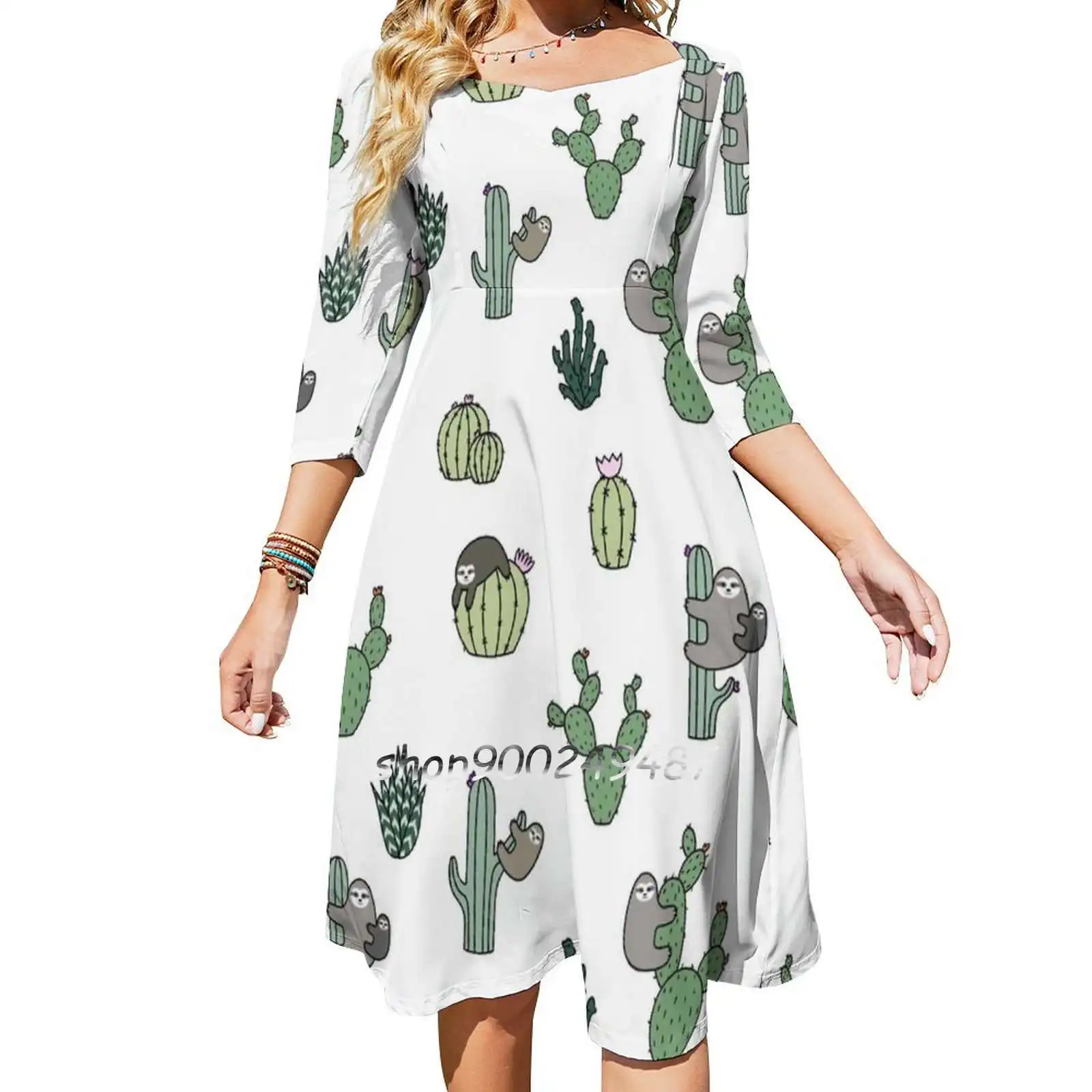 

Cacti Sloths Flare Dress Square Neck Dress Elegant Female Fashion Printed Dress Sloth Sloths Sloth Pattern Cactus Cacti Sloth