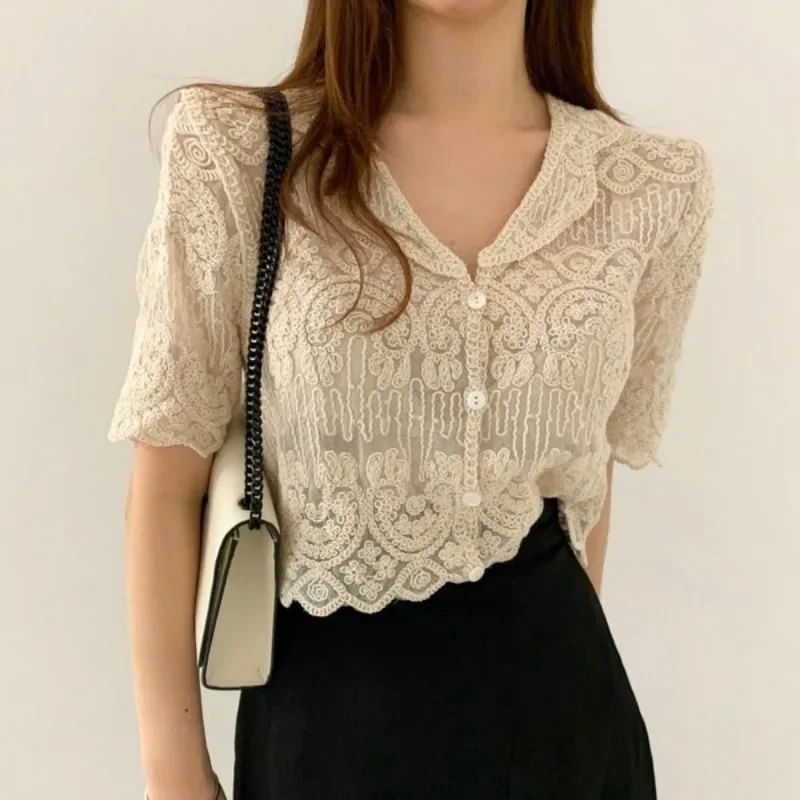 

Embroidery Lace Blouse Cover Knitted Hollow Weaving Top Short Sleeve Button Cardigan Women Summer Boho Vacation Outfit