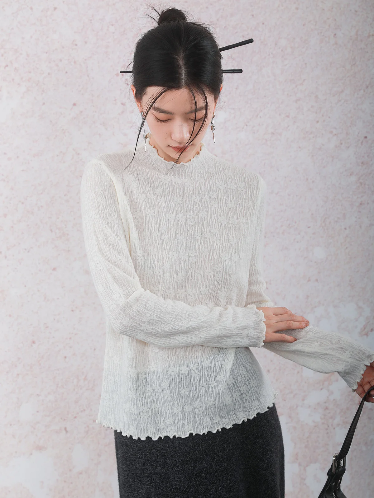 

Женский свитер Ele Long Sve с кружевной вышивкой, базовый слой, приталенный крой, зимний, модный, из смесовой ткани (полиэстер, акрил, нейлон, шерсть)