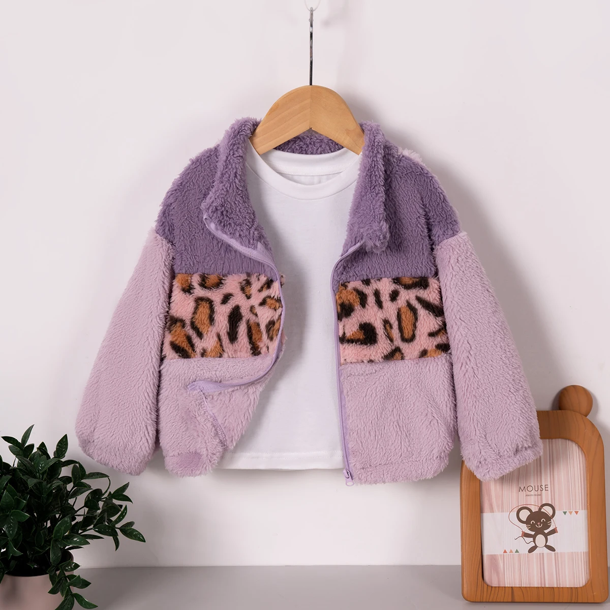 Autumn And Winter Girls\' Jacket Leopard Print Splicing Long-sleeved Zipper Top Plush Comfortable Children\'s Cardigan