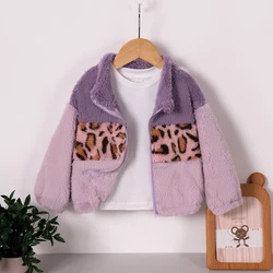 Autumn And Winter Girls' Jacket Leopard Print Splicing Long-sleeved Zipper Top Plush Comfortable Children's Cardigan