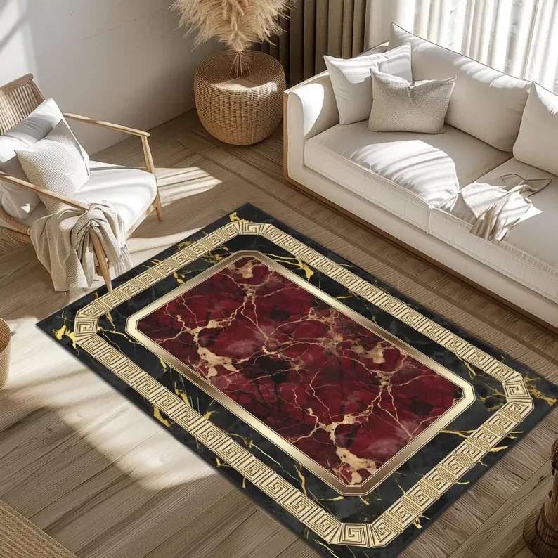 Marble Patterned Carpet Modern Burgundy Area Rugs Black Carpet Marble Patterned Rug Living Room Rug Mahroon Colour Carpets Gift
