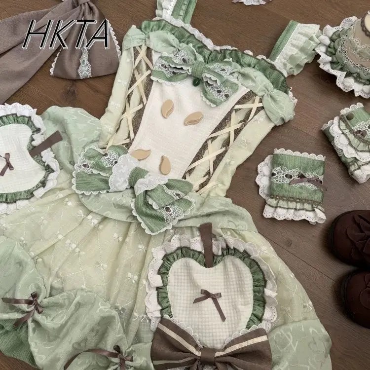 Lolita Kant Boog Taille Groene Jarretel Jurken JSK Vrouwelijke Zoete en Leuke Zomer Slim Fit Vliegende Mouwen Korte Bud Jurken Vrouwen