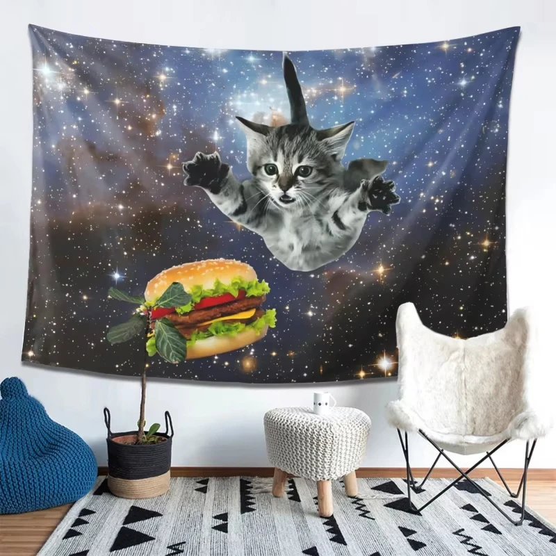 Space Cat Burger Tapestry Funny Trippy Space Cat Wall Hanging for Bedroom Dorm Gaming Room Decor
