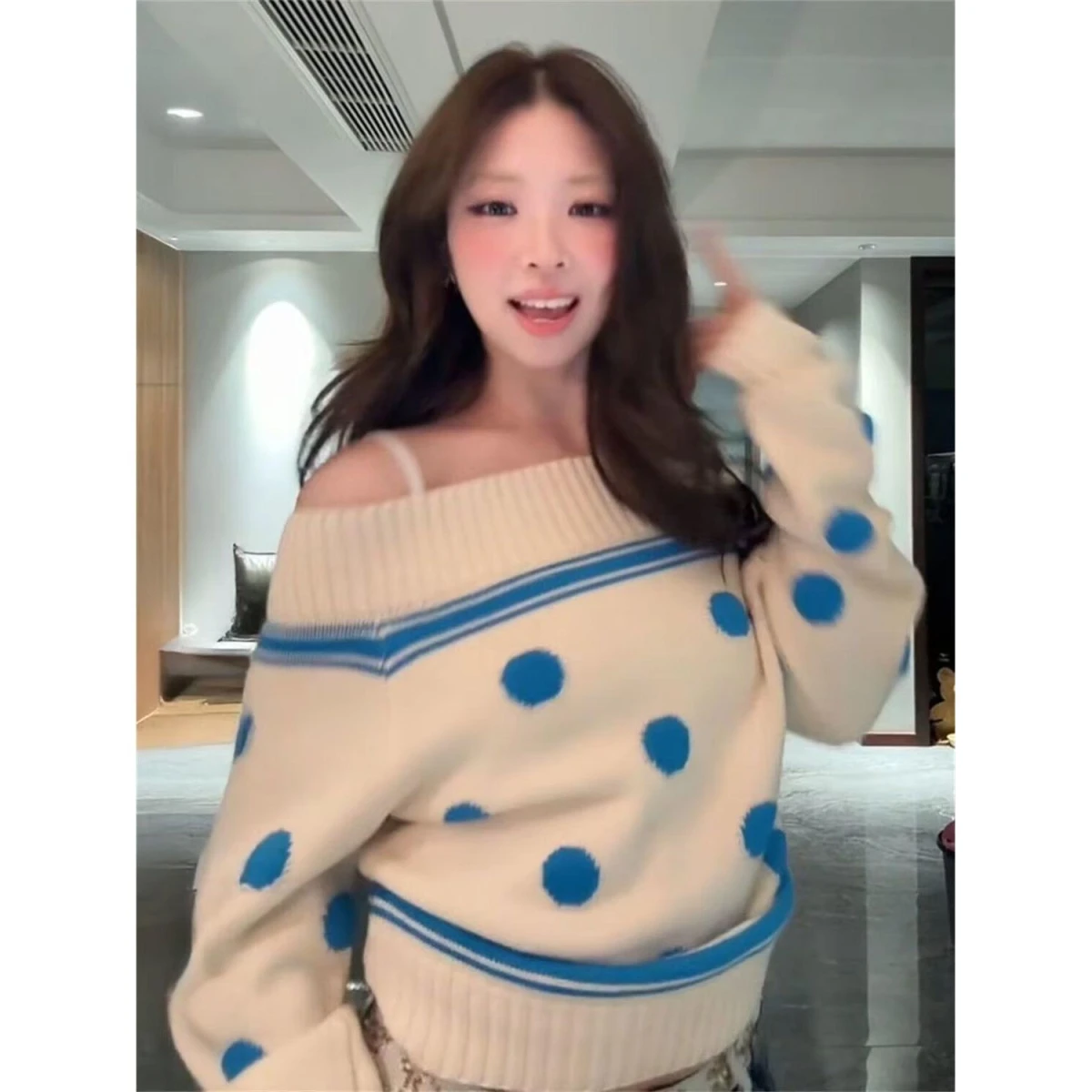 Koreanische Sle Polka Dot One oulder frauen Pullover Weiche Gemütliche Abnehmen Lange Sve Streetwear Faion Frühling Herbst Winter