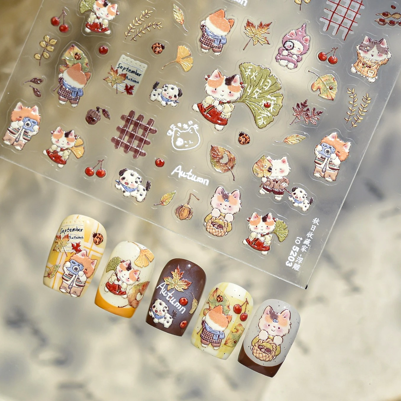 สติกเกอร์ตกแต่งเล็บลายใบแปะก๊วยใบเมเปิ้ลหน่อไม้สนน่ารักแมวน้อยเต่าทองผลเชอร์รี่ฤดูใบไม้ร่วงสุนัขลายใบไม้ร่วงสำหรับทำเล็บ