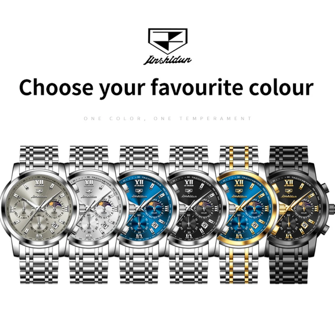 JSDUN 8985, модные кварцевые часы, подарок, ремешок для часов из нержавеющей стали, наручные часы с круглым циферблатом, календарь фазы Луны, светящийся маленький второй