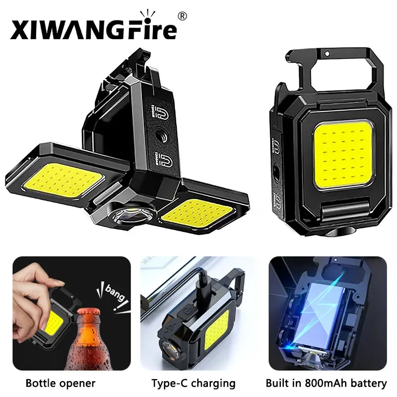 XIWANGFIRE COB Mini Emergency Keychain Light Multi-Functional Portable USB Charging Work Light Three-sided Bright Flashlight