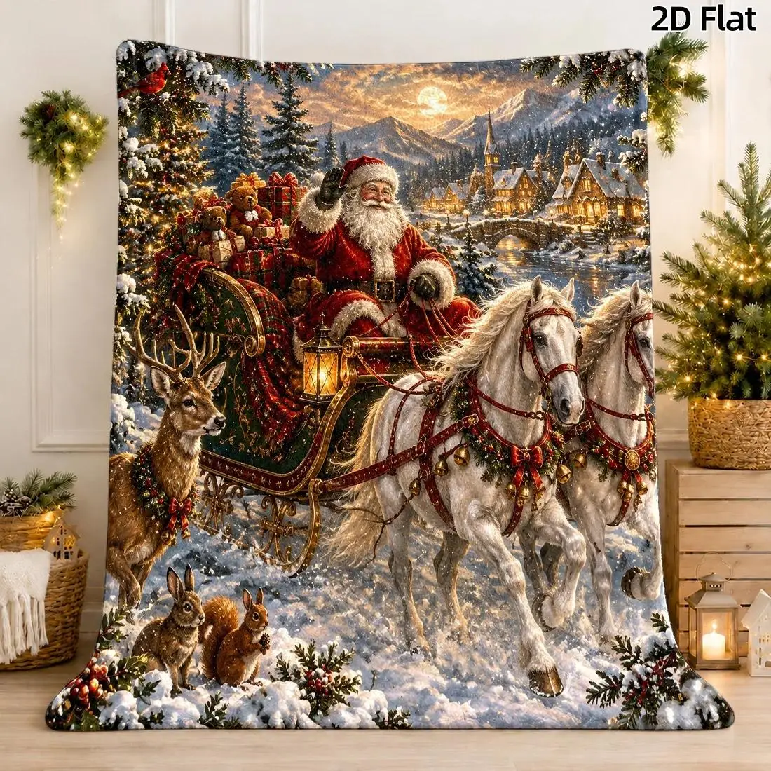 1pc 2D Flat DIY Coloring Throw Blanket, Santa Sleigh Line Art, Oil Painting Santa & Reindeer with Red Gold Swirl Decor Blanket