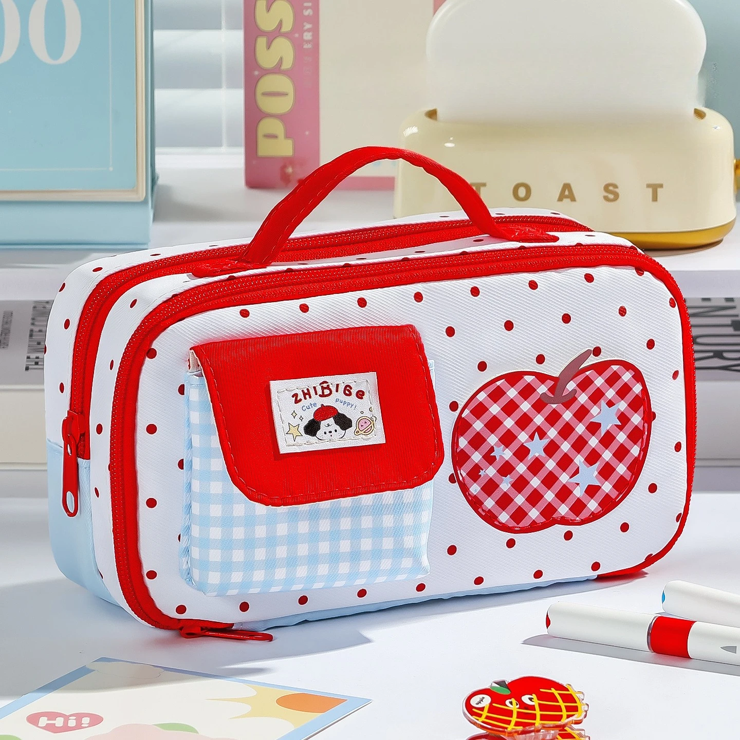 Kawaii Polka Dot Pencil Case Apple Mushroom Print 9 Layers Large Capacity Portable Pen Bag for Teen Girls Back To School