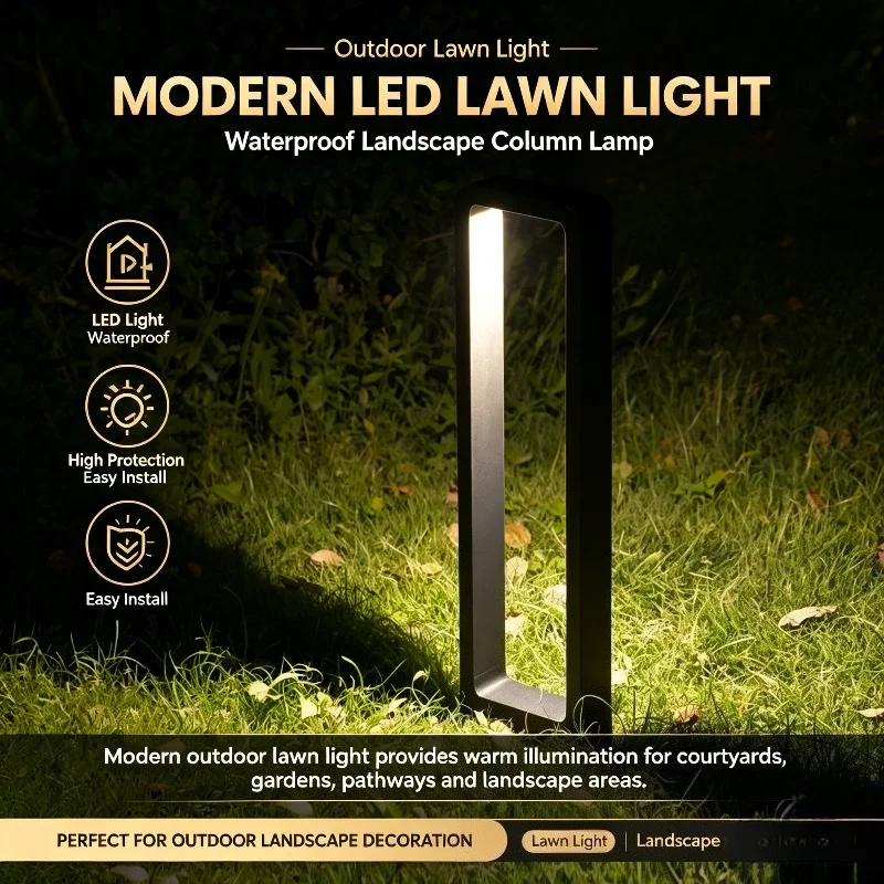 Garden Lawn Lamp, Rectangular LED Bollard with Inner Light Bar for Outdoor Walkways, Courtyard Borders and Villa Landscapes