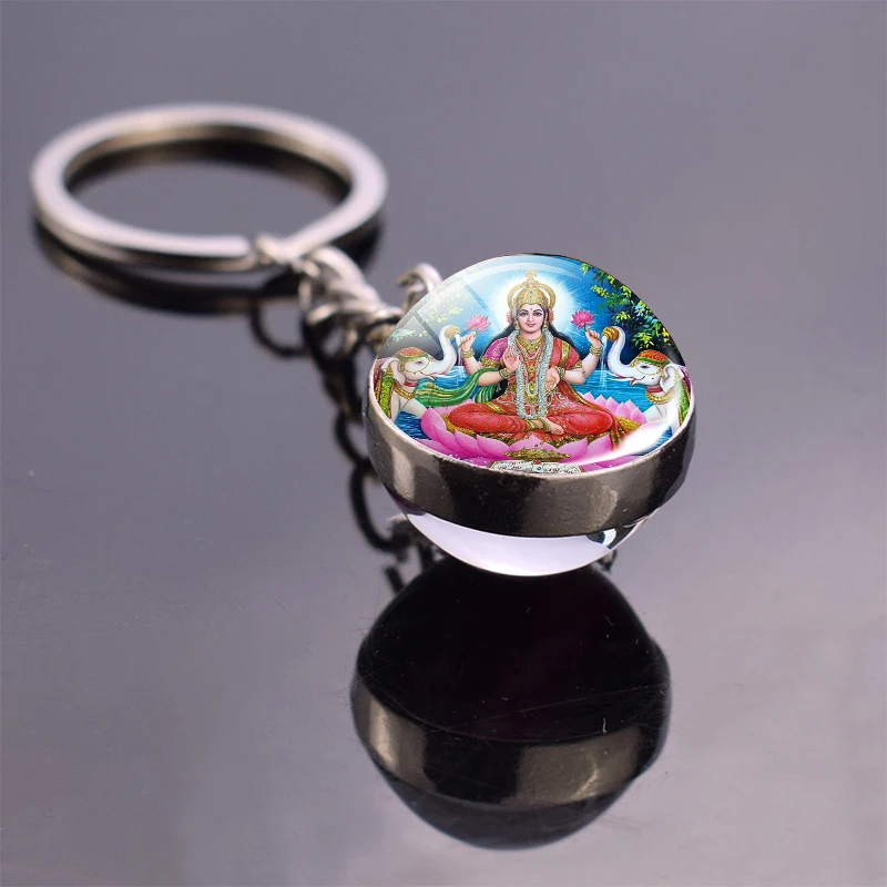 Hinduism Keychains Glass Ball Pendant Ganesha Lakshmi Shiva Goddess of Wealth Key Chains Amulet Indian Buddhist Jewelry