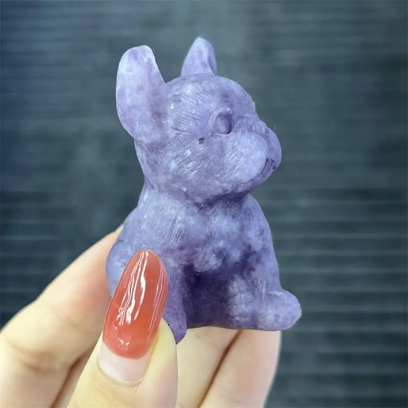 Natural Purple Mica Hand Carved French Bulldog Figurine, Crystal Dog Statue, Mini Desktop Ornament, Lucky Crystal Decor Gif