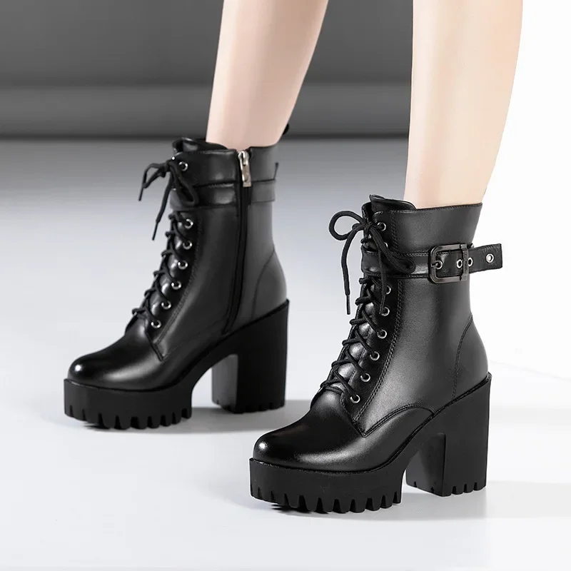 Small Size 32 33 34-43 Vintage Chunky Platform Shoes Winter 2024 Side Zip High Heels Motorcycle Ankle Boots with Warm Plush