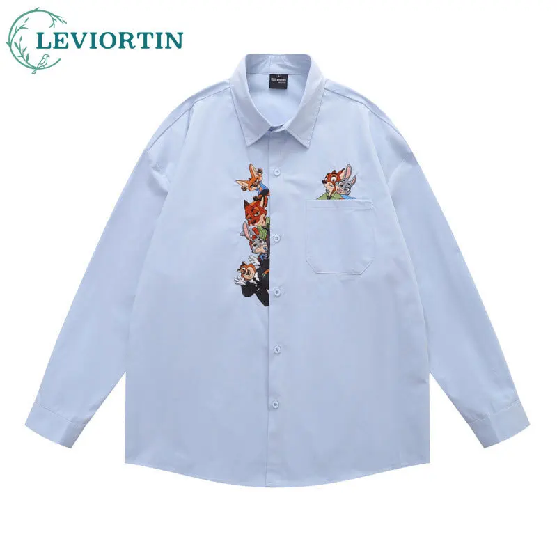 

Осенняя мода 2024, универсальная свободная повседневная рубашка для пар, трендовая американская мультяшная милая вышивка, забавная новая рубашка с длинными рукавами