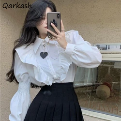 Long-sleeved Women Shirt Design Niche Ruffle Spliced Spring French Turn-down Collar Sweet College Style Trendy Students Tops