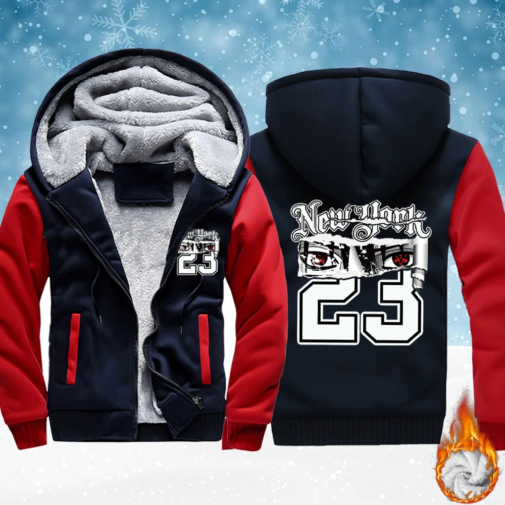 

New York Number 23 Ninja Print Male Winter Zip-Up Jackets Fleece Basics Hoodie Thicken Warm Veste Comfy Soft Streetwear Clothes