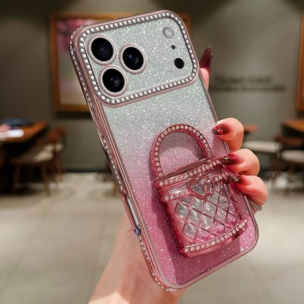 Mode Luxus Glitter Gradienten Fall Für IPhone 17Pro Max Air 16 15 14 13 12 Plus Einzigartige Make-Up Spiegel stehen Anti-Drop Zurück Fall