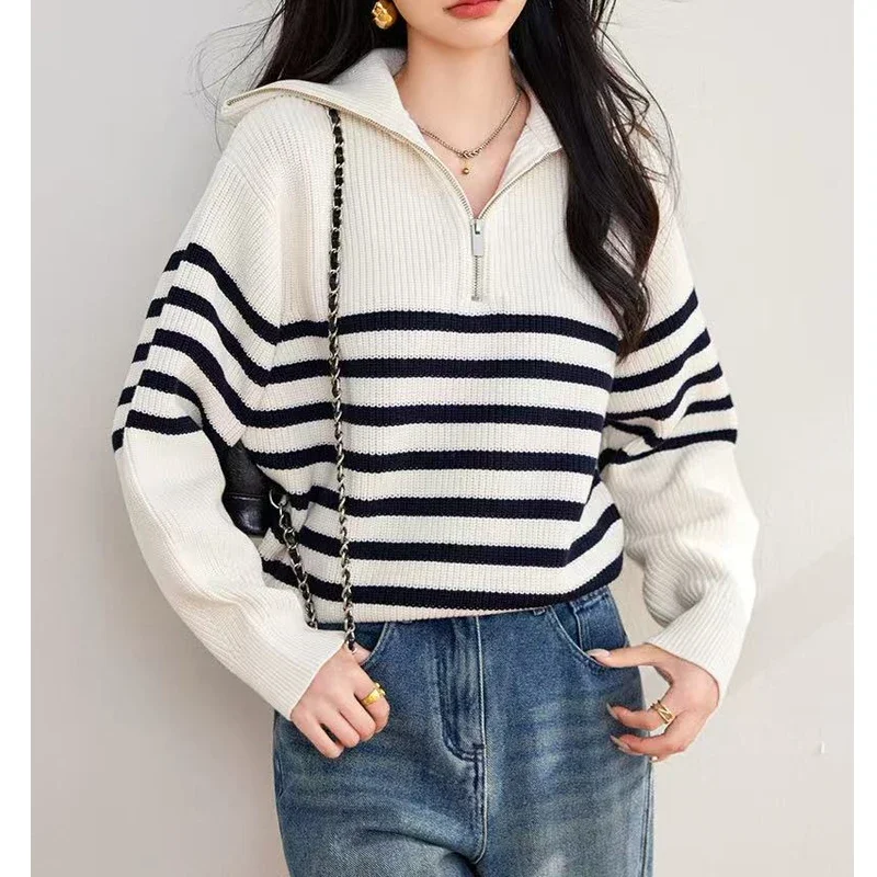 Pull ample à rayures rétro pour femme, manches longues, Semi-fermeture éclair, revers, pull décontracté, hauts tricotés, vêtements à la mode, nouvelle collection automne hiver