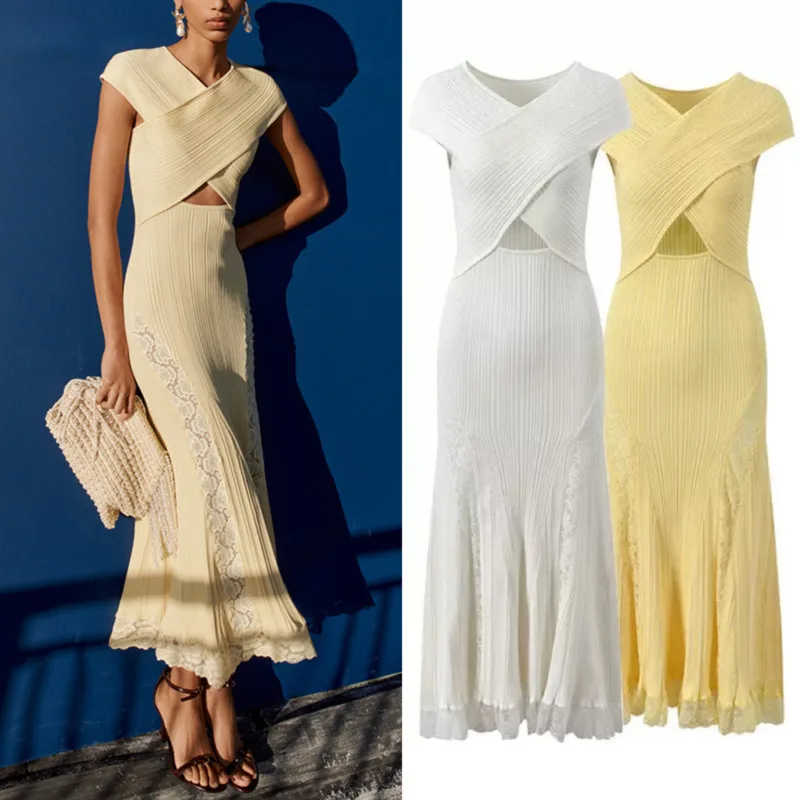 

Classy Lace Patchwork Knitted Mermaid Dresses Women's 2025new Luxury Designer Stoic Style High Quality Dress Lady Elegant Outfit