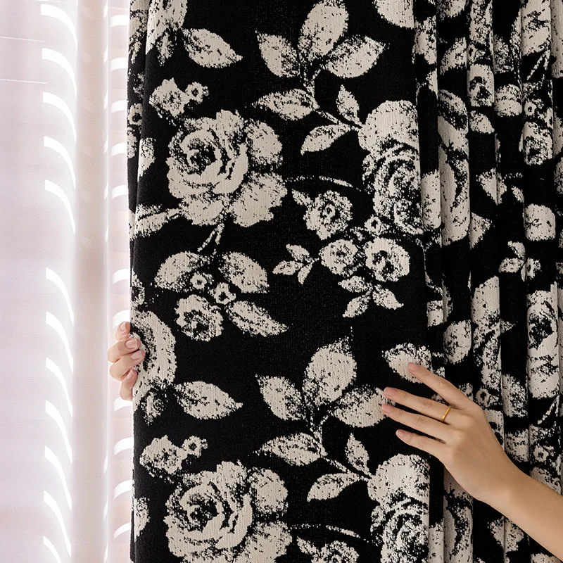 

Black rose curtain French light luxury high-end living room living room bedroom blackout Chenel jacquard curtain fabric