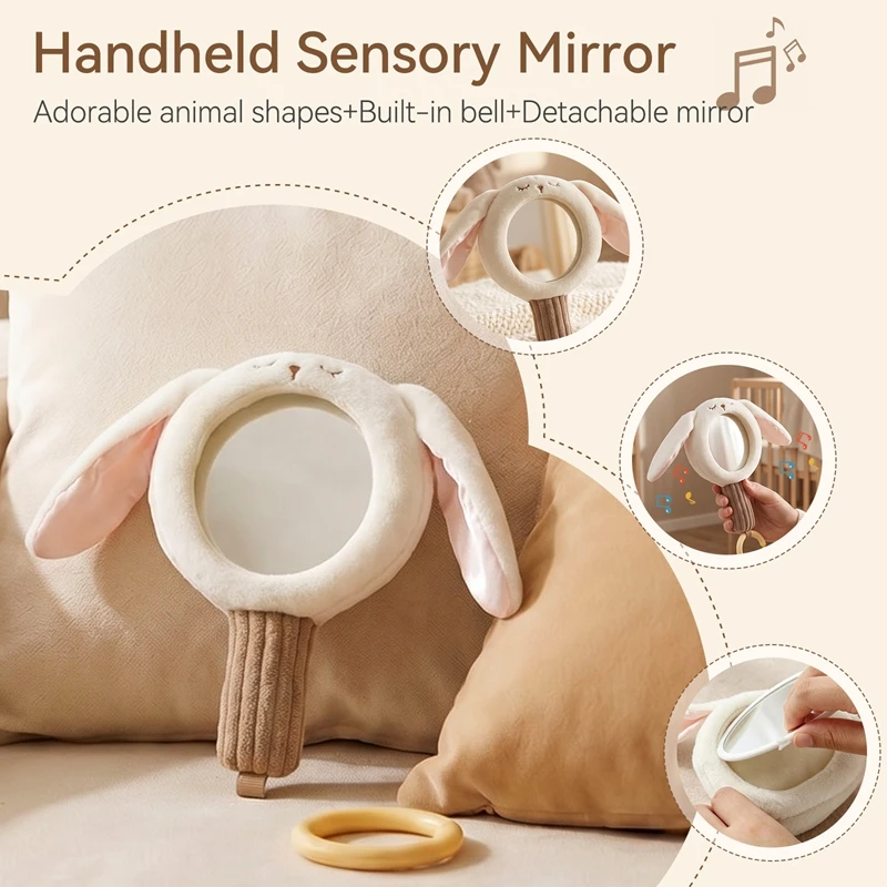 Newborn Gifts Baby Plush Bunny Handheld Mirror Rattle Toys High Definition Mirror Built in Bell Detachable Mirror Sensory Toys