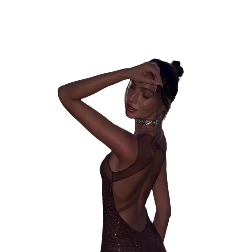 Neues 2026 Damen Luxus-Abendkleid mit Strass, tiefem V-Ausschnitt, figurbetontem Maxikleid, Spaghettiträgern, formelles Partykleid – Detail 2