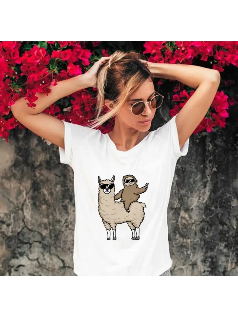 Fashion Alpaca Sloth Print Women Summer T Shirt Female Short Sleeve Graphic T-shirts Tops Harajuku Kpop Tees Camisetas Mujer