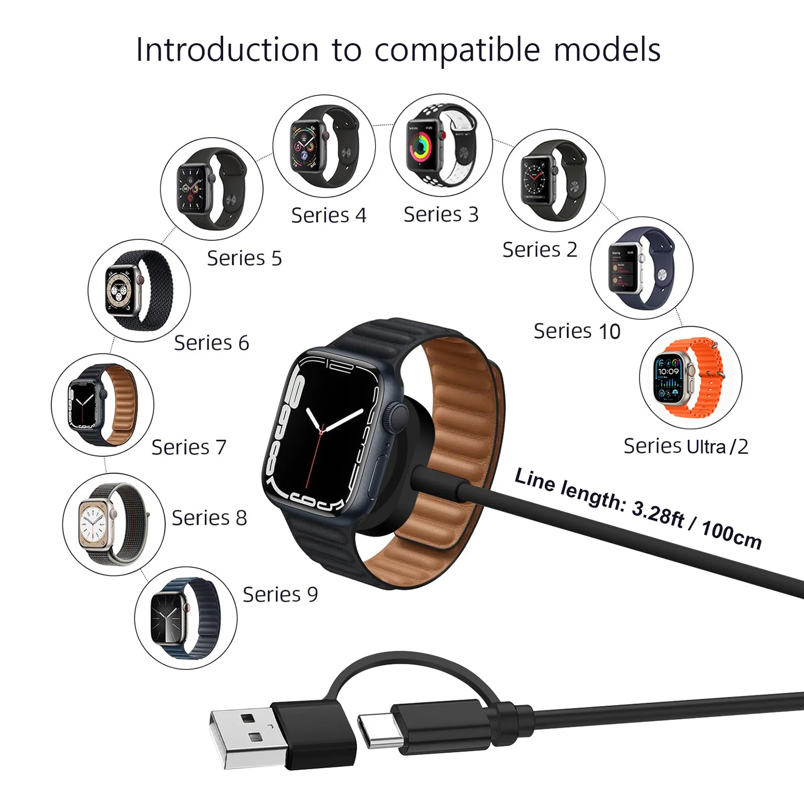 Fast Wireless Charger CABLE สําหรับ Apple Watch Ultra 2/10/9/8/7/6/5/4 ไร้สายแท่นชาร์จแม่เหล็กสายไฟ