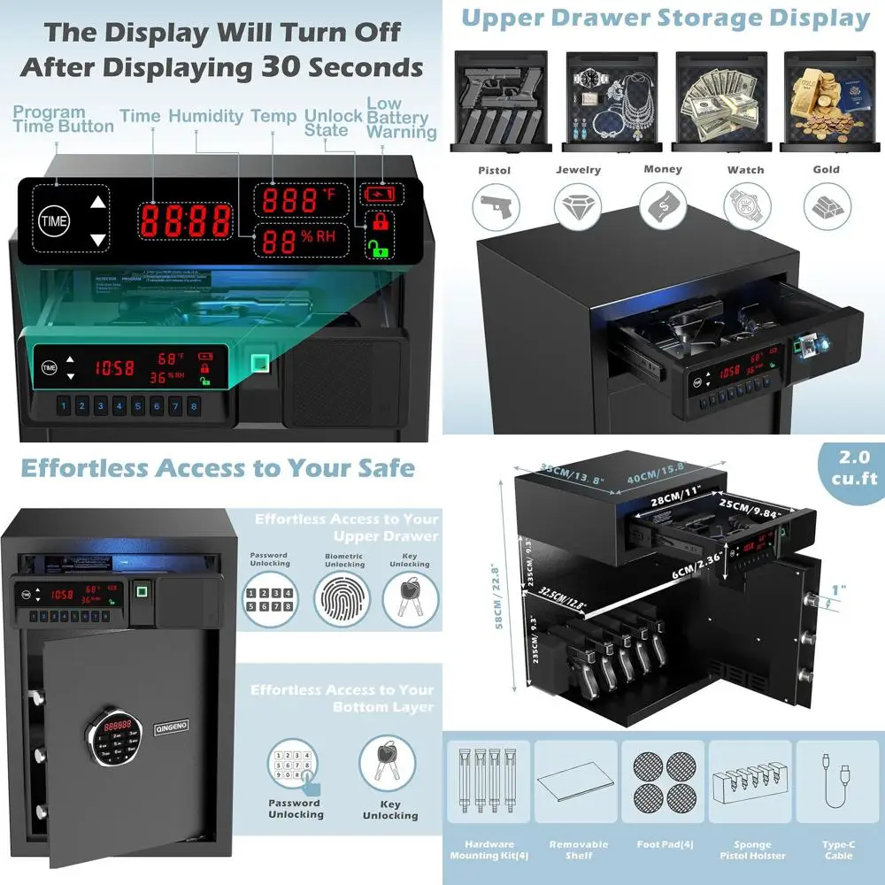 

Электронный сейф с ЖК-дисплеем для отображения температуры, влажности, времени, обеспечения домашней безопасности и хранения ценных вещей