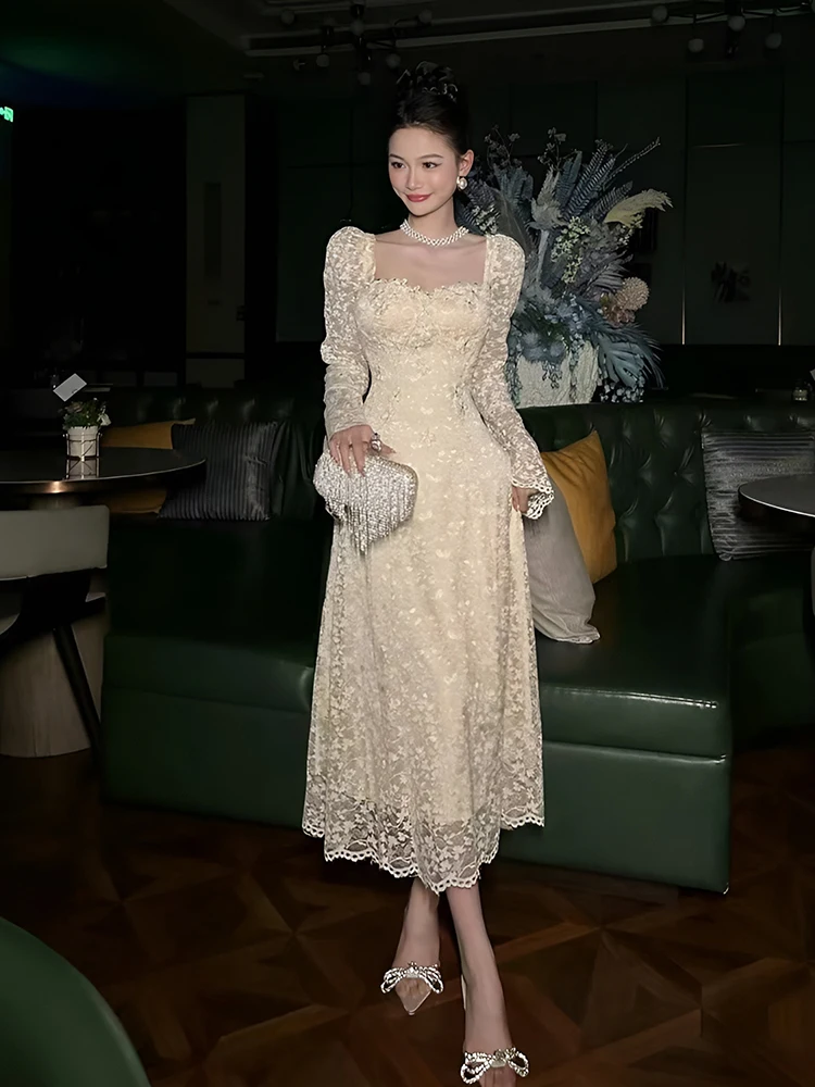

Young Sle Wedding Dr Birthday Par Gown Luxury Bell Sve Square Collar Versatile Long Skirt for Various Ocns