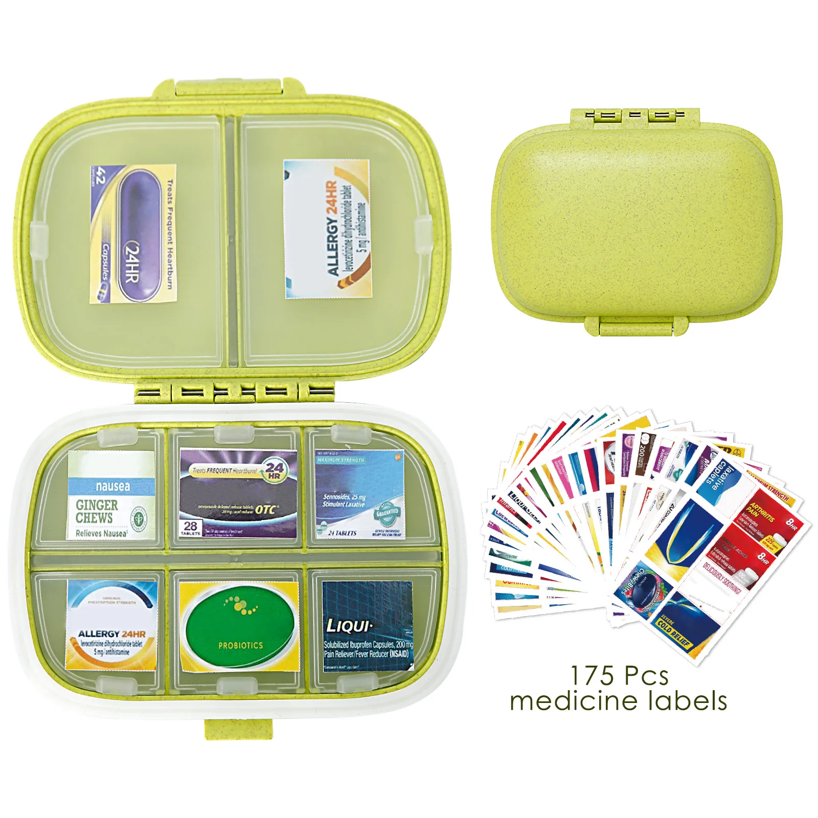 Pill Organizer 8 Compartments Storage Container w/ 175 Labels Medication Moisture Proof Storage Mini Case Travel First Aid Kit