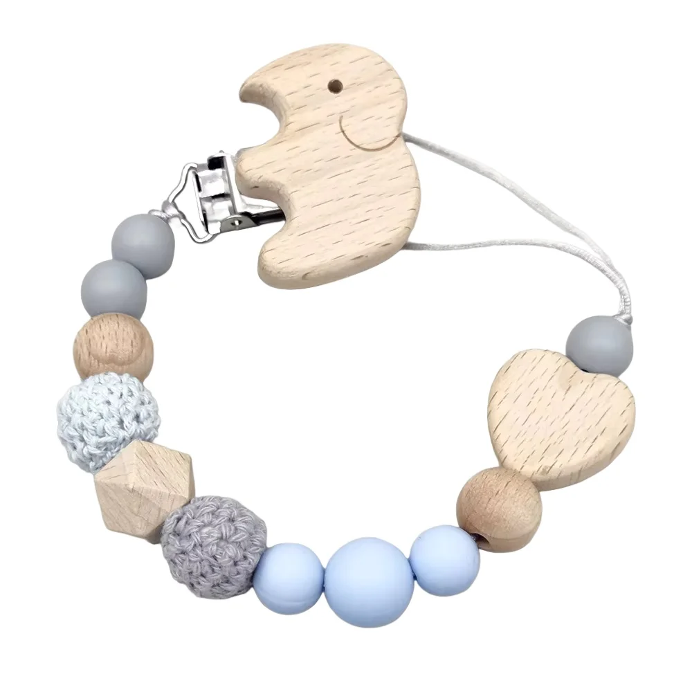 

Слоник из бука, зажим для соски, вязаные крючком бусины в виде животных, силиконовая цепочка для сосков для прорезывателей, игрушки для кормления, детская цепочка для соски