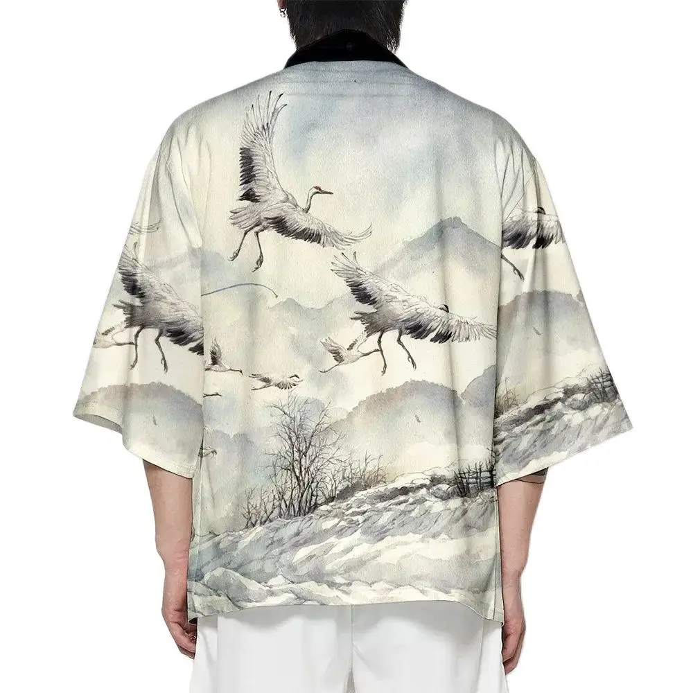 

Summer Crane Print Kimono Men Hawaiian Shirt Beach Tops Women Cosplay Yukata Bathrobe Haori Loose Kimono Fashion Trendy Outwear