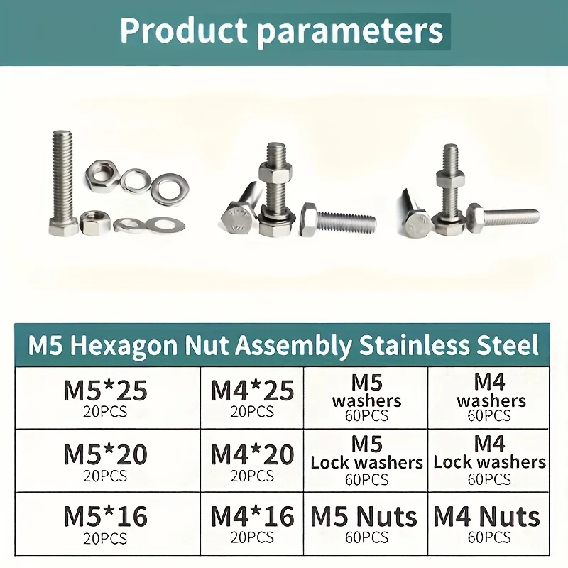 Picture 3: 240/480pcs Stainless Steel Hex Head Bolt and Nut Assortment Set - Full Thread Kit with M4 M5 Hexagonal Nuts, Washers for Various