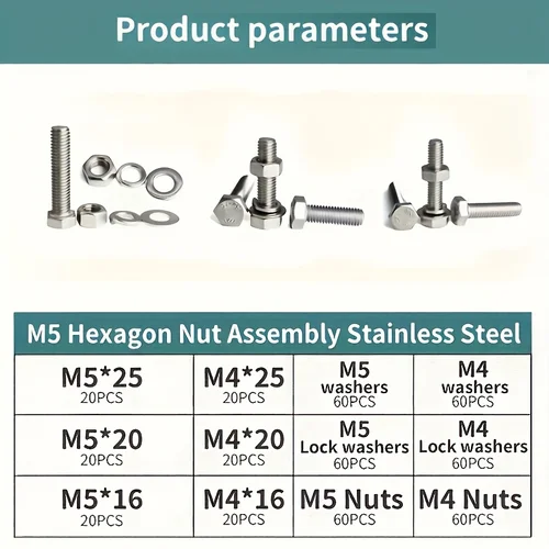Imagen 2 del producto Juego surtido de tuercas y pernos de cabeza hexagonal de acero inoxidable de 240/480 piezas - Kit de rosca completa con tuercas hexagonales M4 M5, arandelas para varios