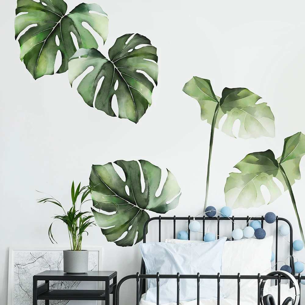 Watercolor Monstera Tropical Jungle Leaves Wall Stickers  Jungle Green Palm Tree Wall Decals Bedroom Kitchen Home Decor
