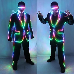 Full Color Pixel LED Lights Jacket Coat Stage Dance Costume Tron RGB Light Up Stage Suit Outfit