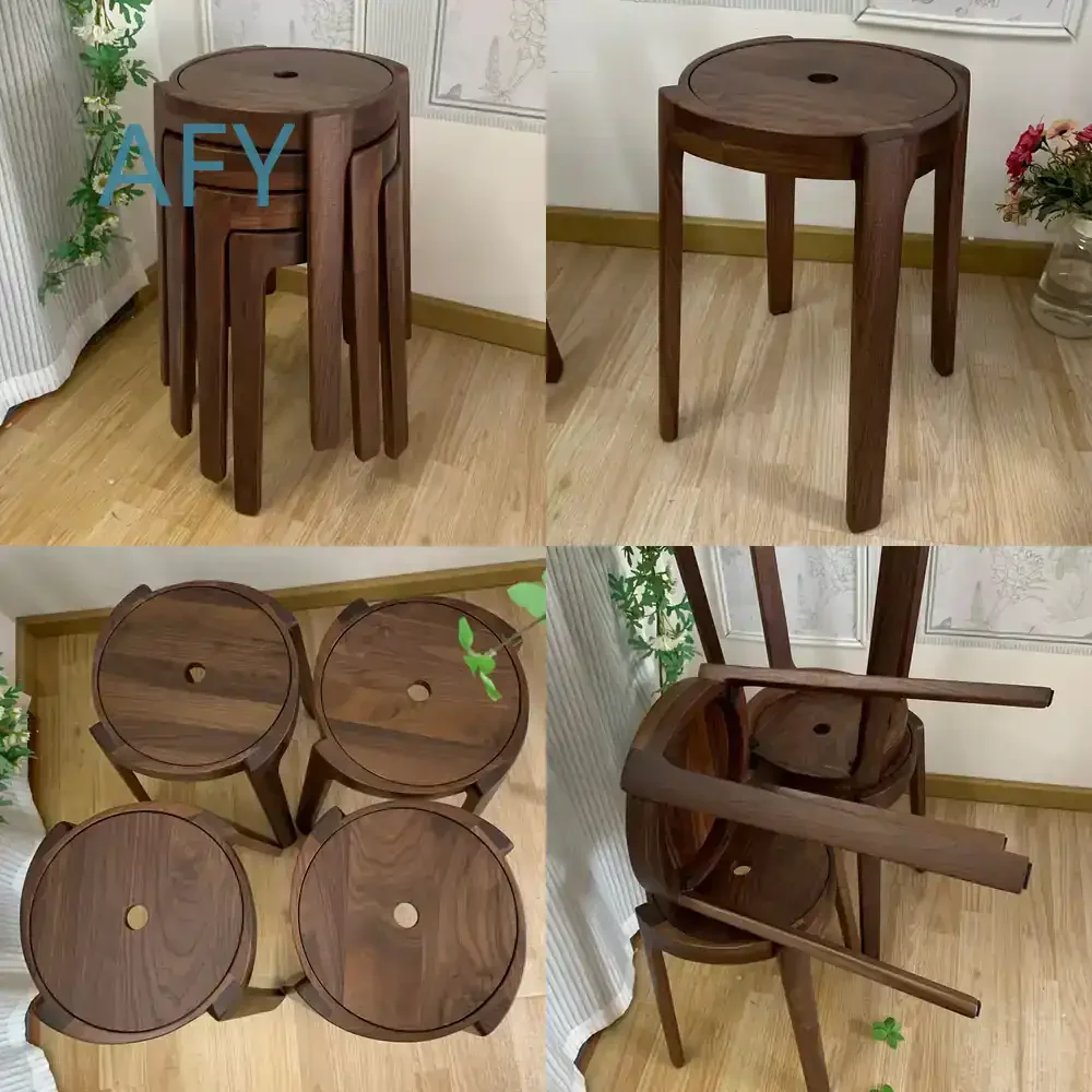 Black Walnut Wood Round Stool for Modern Minimalist Home Living Room Dining Room Stackable Solid Wood Footstool for Indoor