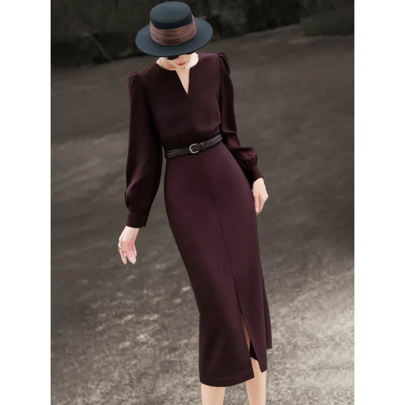 

MEXCOCO 2025Autumn New Elegant High-End Commuter Slim Dress Long Sleeve Waist-Tie Dress for Women