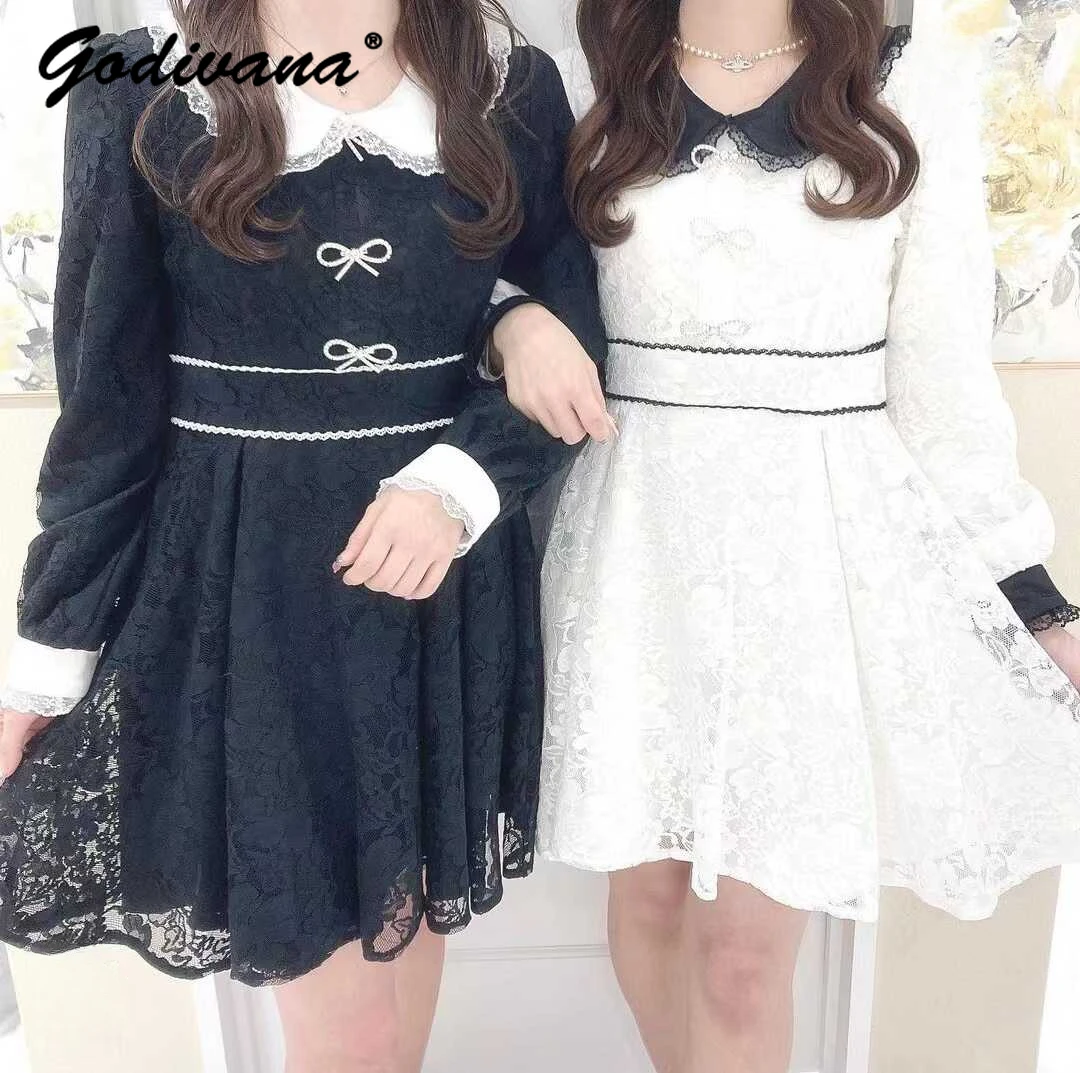 

Sweet Lace Dress 2024 Spring Women's Doll Collar Slimming Rhienstone Bow Tight Waist Classic Style Long Sleeve Dresses