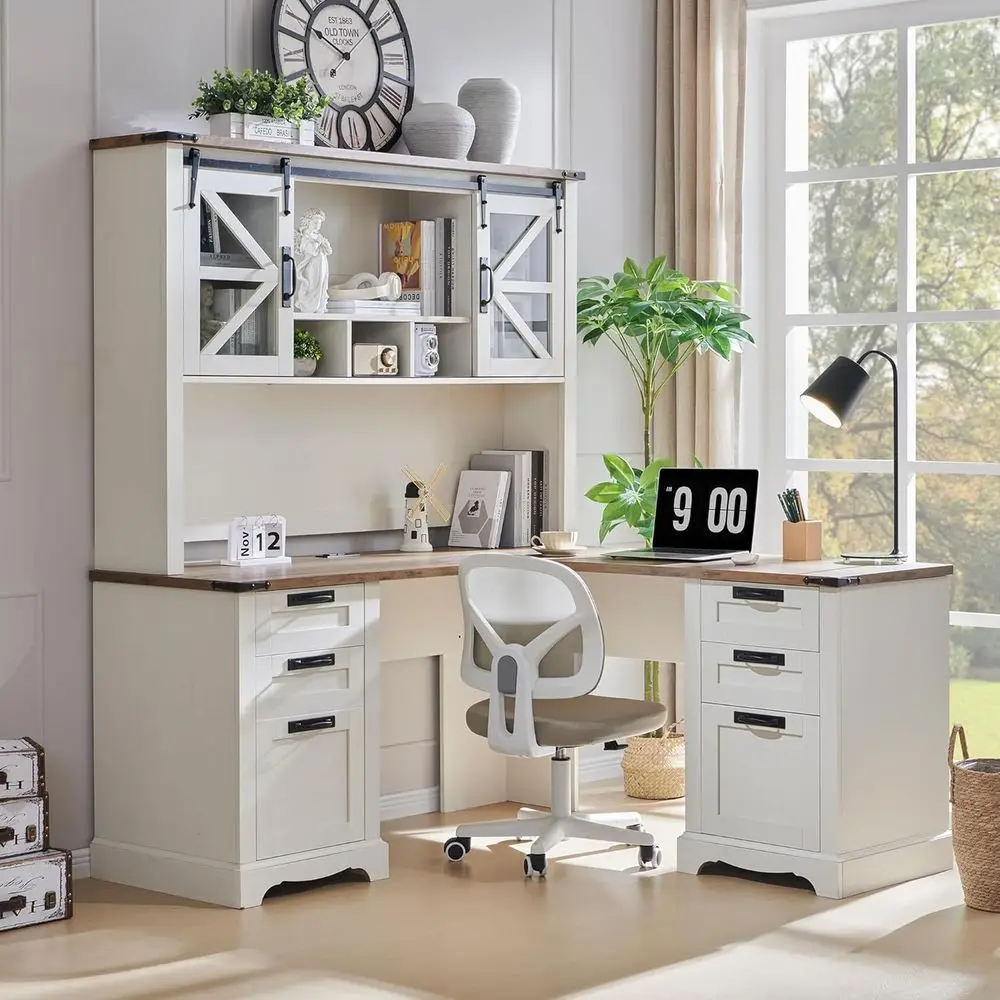

60 L-Shaped Wood Executive Desk with Hutch, Charging Station, and Storage Cabinet - Rustic Antique White Computer Desk